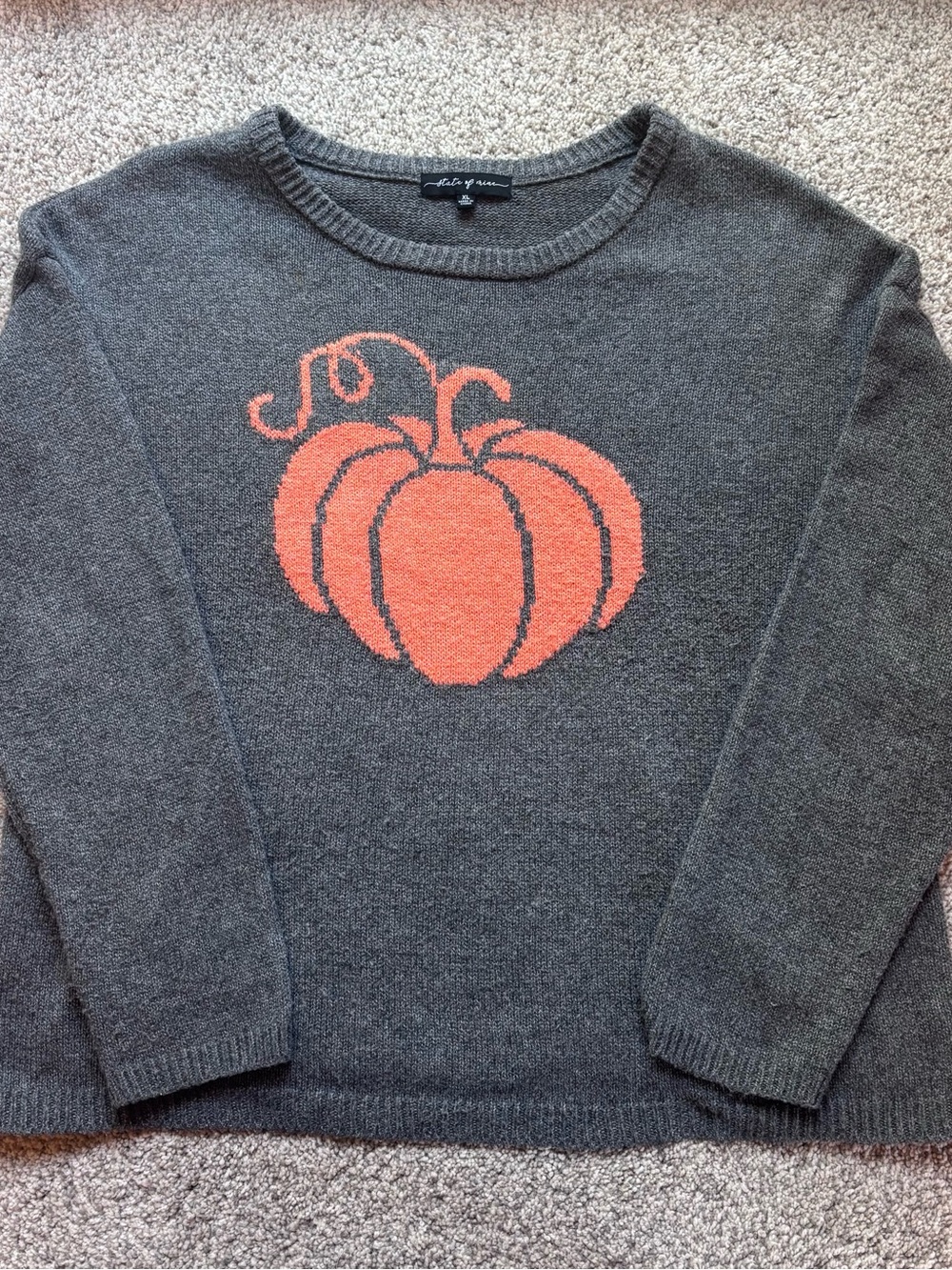 State of Mind Charcoal Gray Crewneck Sweater with Orange Pumpkin